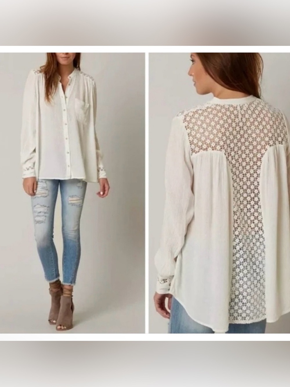 Free People "The Best Shirt" Women's Ivory Crochet Button Down Top M